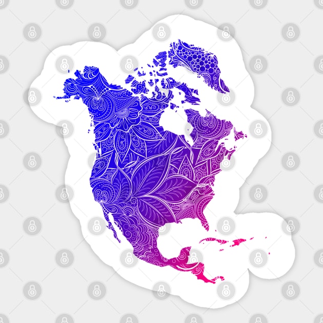 Colorful mandala art map of North America with text in blue and violet Sticker by Happy Citizen